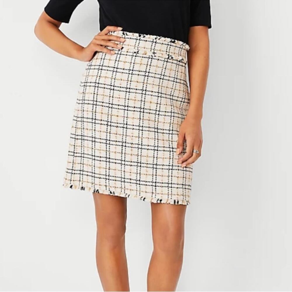Ann Taylor Ivory Plaid Tweed Fringe A-Line Skirt